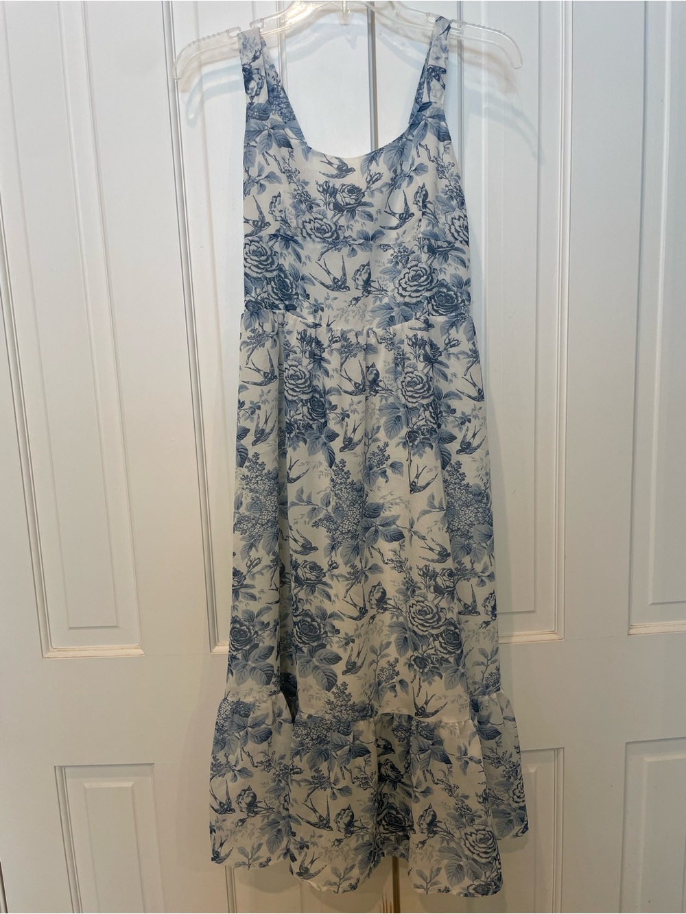 Sunday Up Blue & White Sparrows and Roses Toile print midi dress